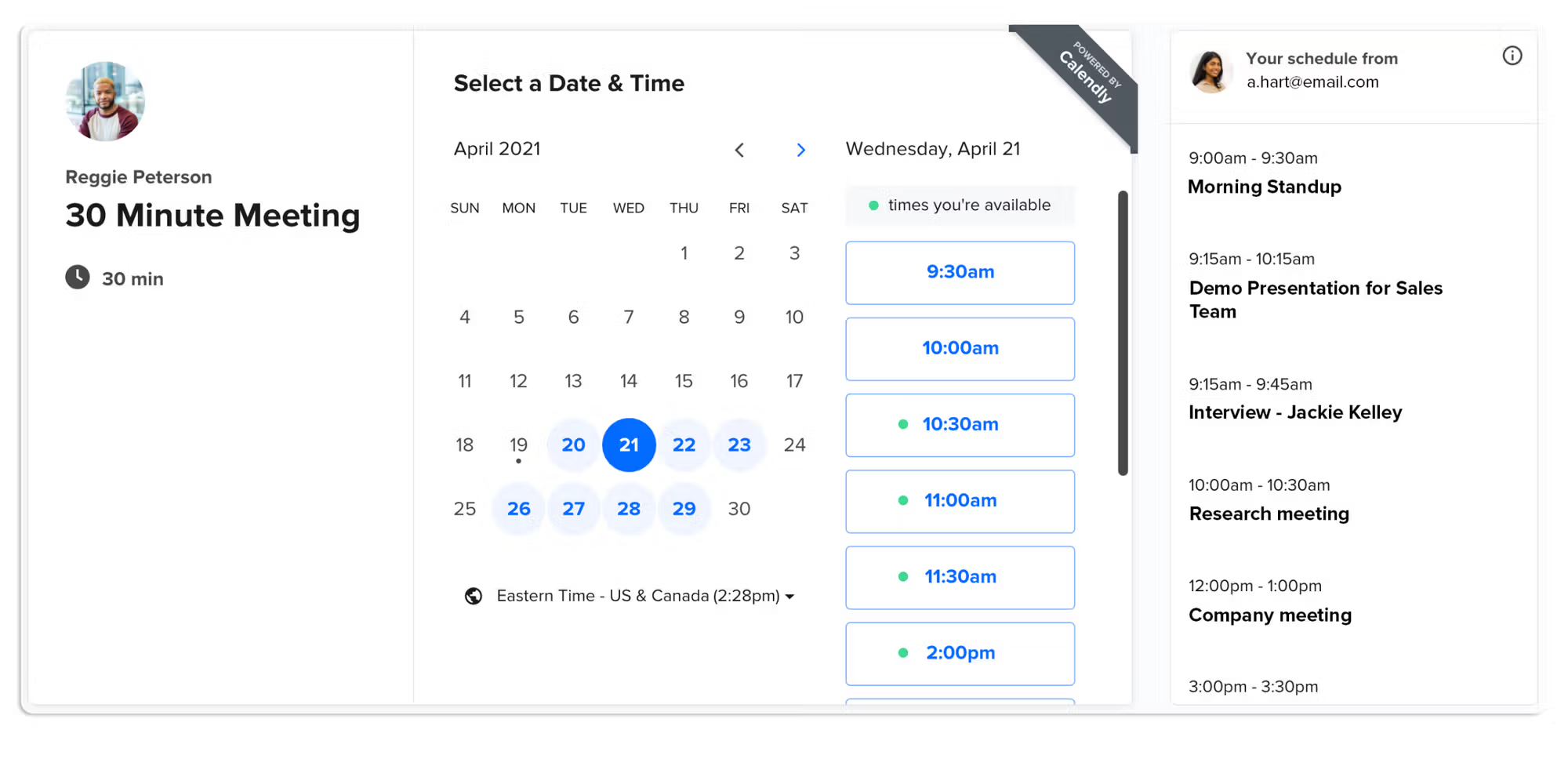 A Calendly booking page showing a 30 minute meeting with a date picker and available time slots