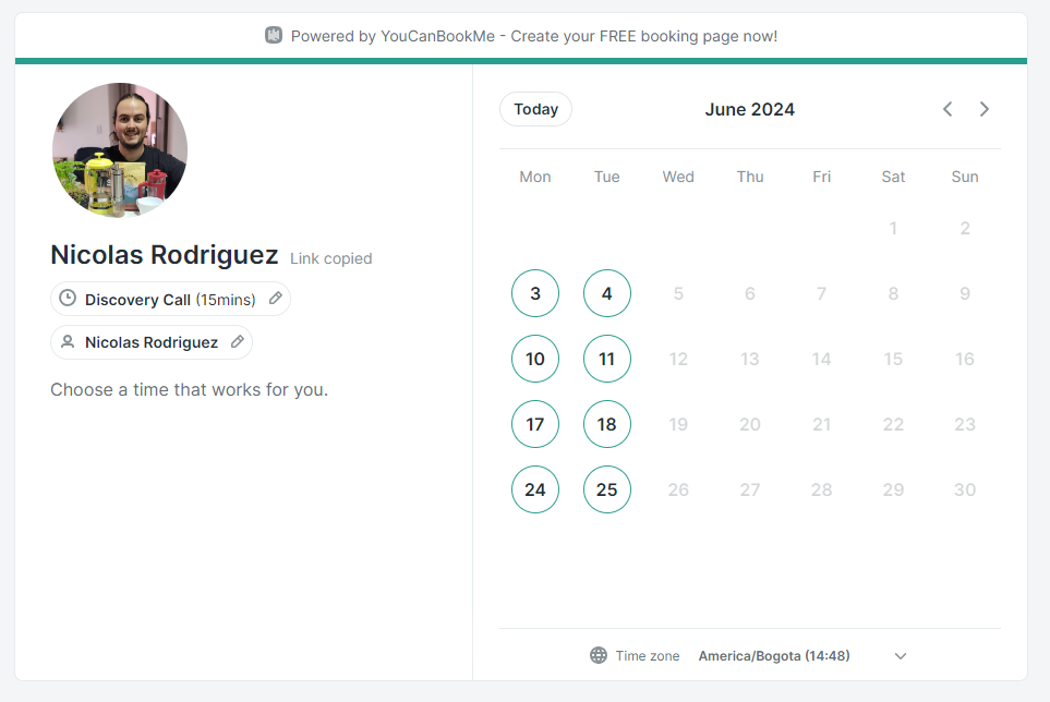 A YouCanBookMe booking page showing a discovery call with a monthly calendar of available dates