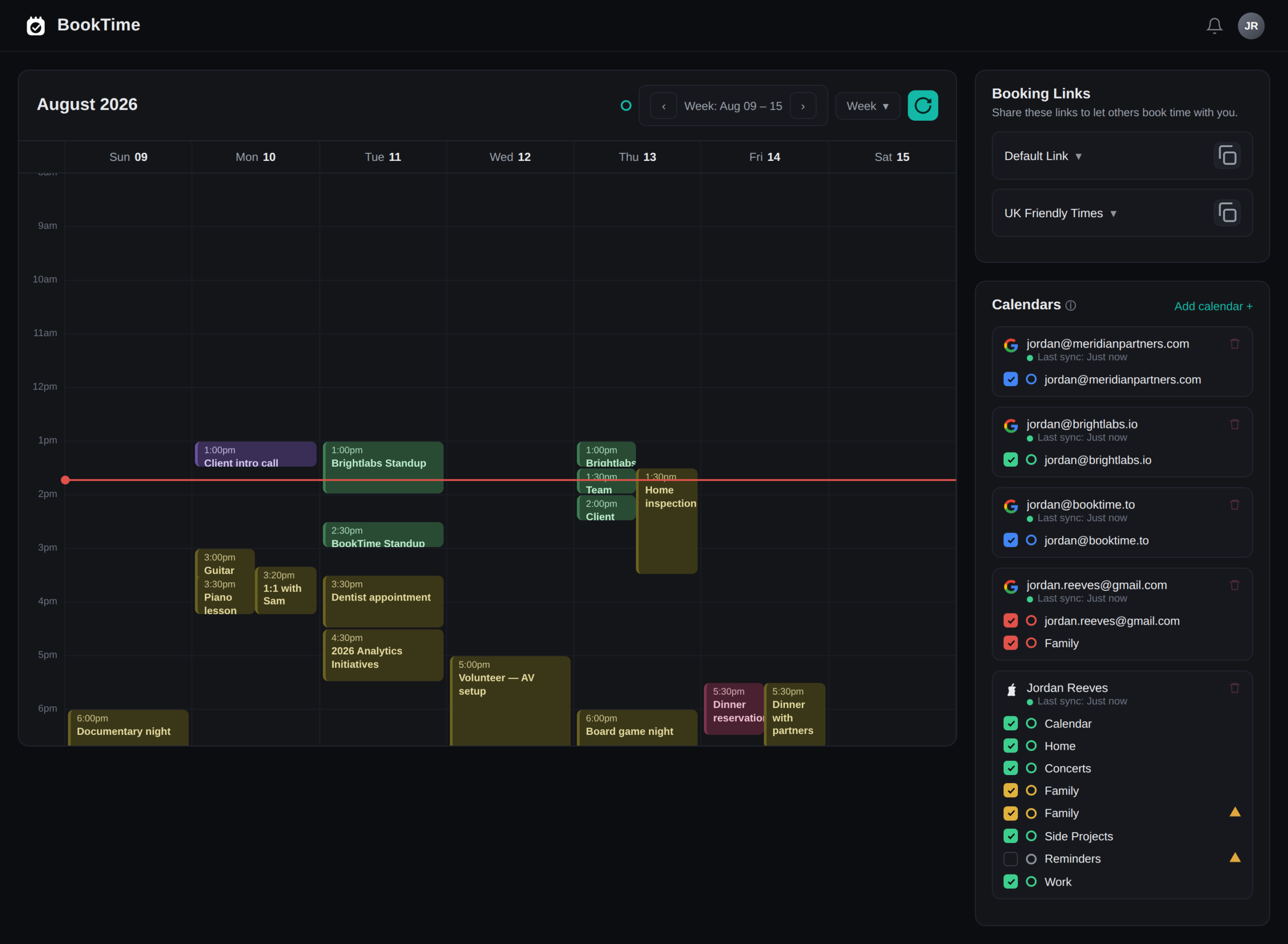 The BookTime unified calendar showing Google, Apple, and Outlook events side by side in a single week view